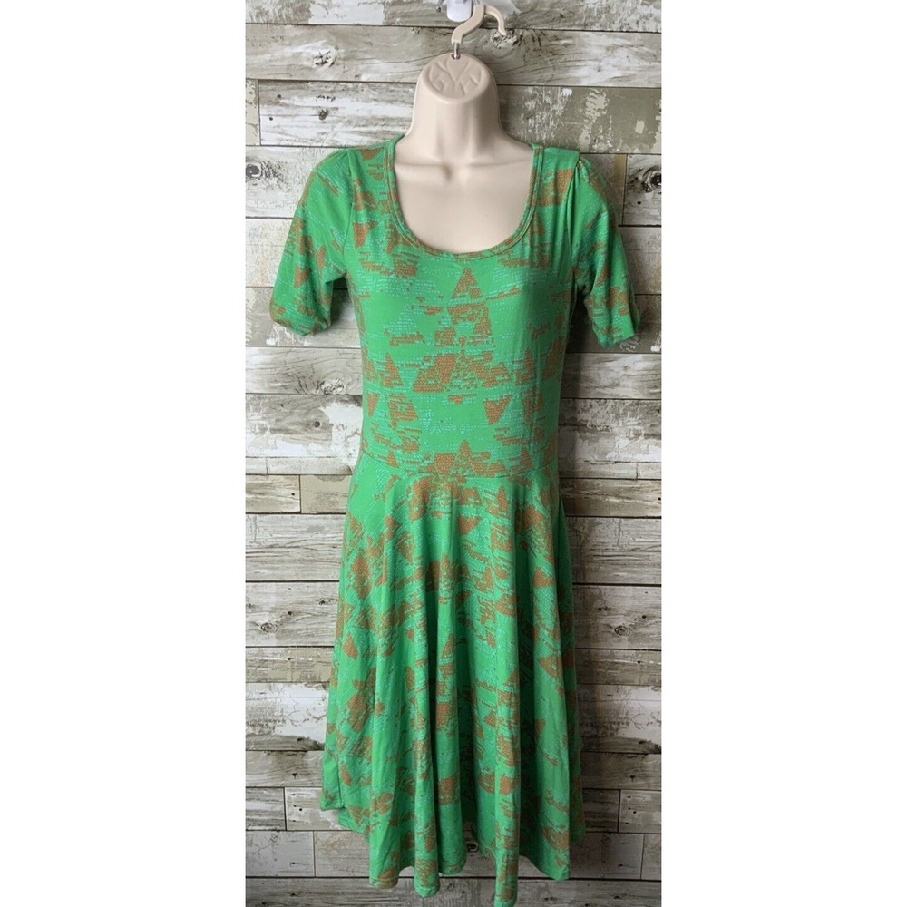 Lularoe‎ Womens Green Short Sleeve Midi Dress with Orange Dots Size S